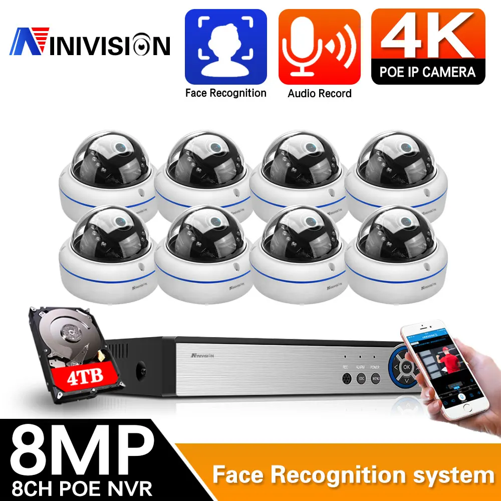 

8CH 4K POE NVR Security Camera System Kit AI Face/Audio Record 8MP IP Camera IR Dome Outdoor Waterproof CCTV Surveillance Set