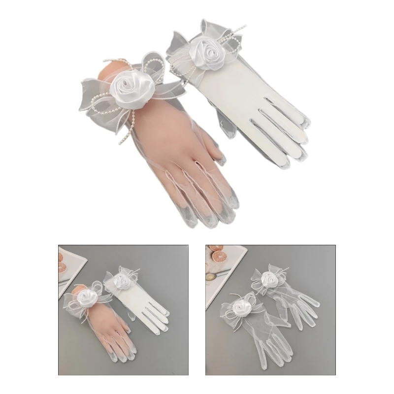 

Женские перчатки с цветочным орнаментом и бантом Эластичные Свадебные короткие кружевные перчатки летние прозрачные белые Прямая поставк...