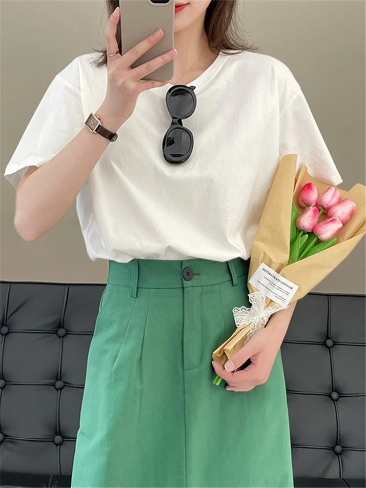 

Summer Fashion Loose Simple Sweet Solid Color Cotton T-shirts Women Short Sleeve Casual Tee Shirt Girls Tops Korean 5 Colors