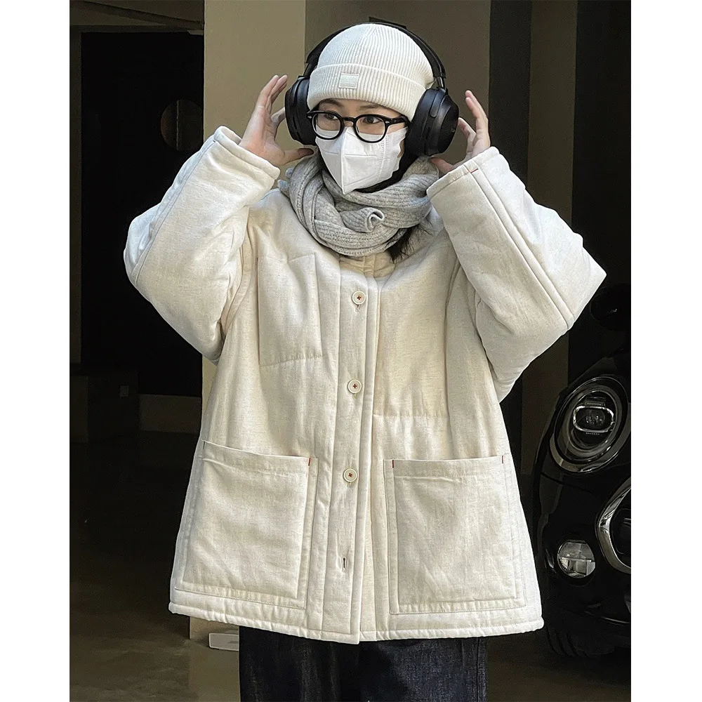 Winter New Vintage Round Neck Silhouette Jacket Cotton Jacket Loose Warm Thick Cotton Hemp Casual Coat for Women