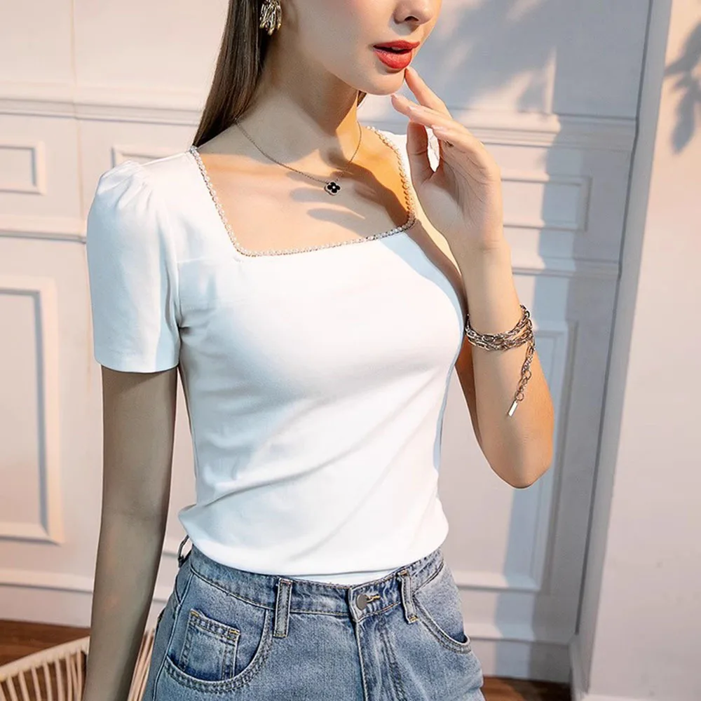 

French Style Vintage Square Neck T-shirt Women's Bubble Sleeve Beaded Slim Fit Tops Soft Cotton Summer Elegant White Ladies Tees