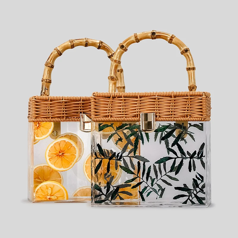 

Bamboo Handmade Rattan Woven Bag Luxury Designer Handbags For Women High Quality 2023 Fashion Transparent Leaf Tote Purse