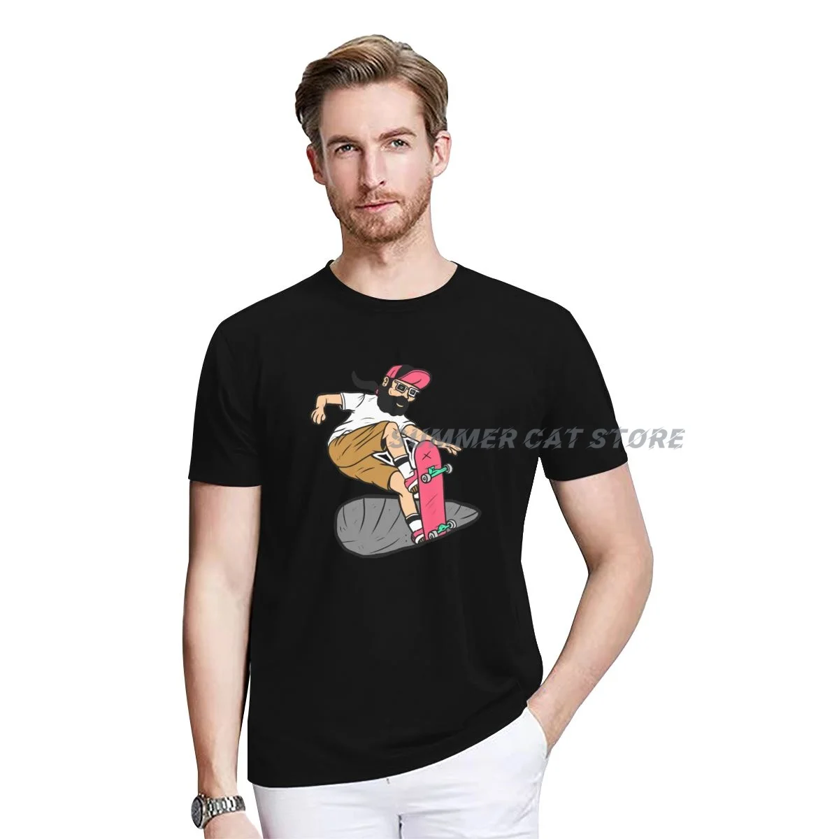 

Men Women T-shirt Summer Cotton A Man Plays Skate Cartoon O-neck Short-sleeved Couple Casual T-shirt