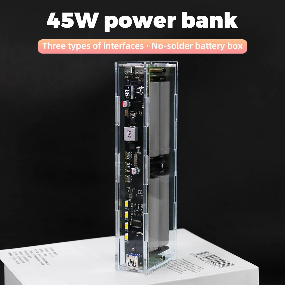 

Transparent Two Way PD 45W 20000mah LED Light No Welding Punk 21700 18650 Battery Digital Display Fast Charging Power Bank Case