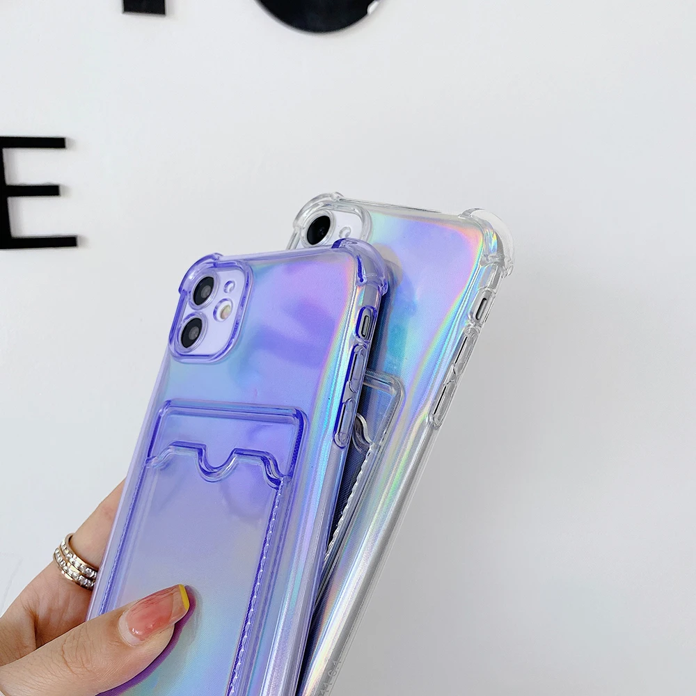Laser Transparent Card Bags Case for IPhone 11 12 13 Pro Max XR X XS Max 8 7 14 Plus Silicone Shockproof Phone Cover Coque Funda