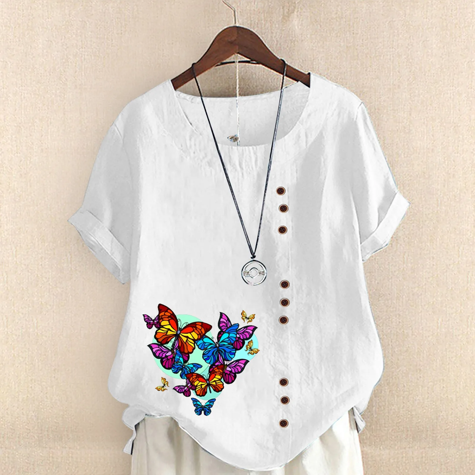 

Женская свободная рубашка с коротким рукавом, круглым вырезом и пуговицами