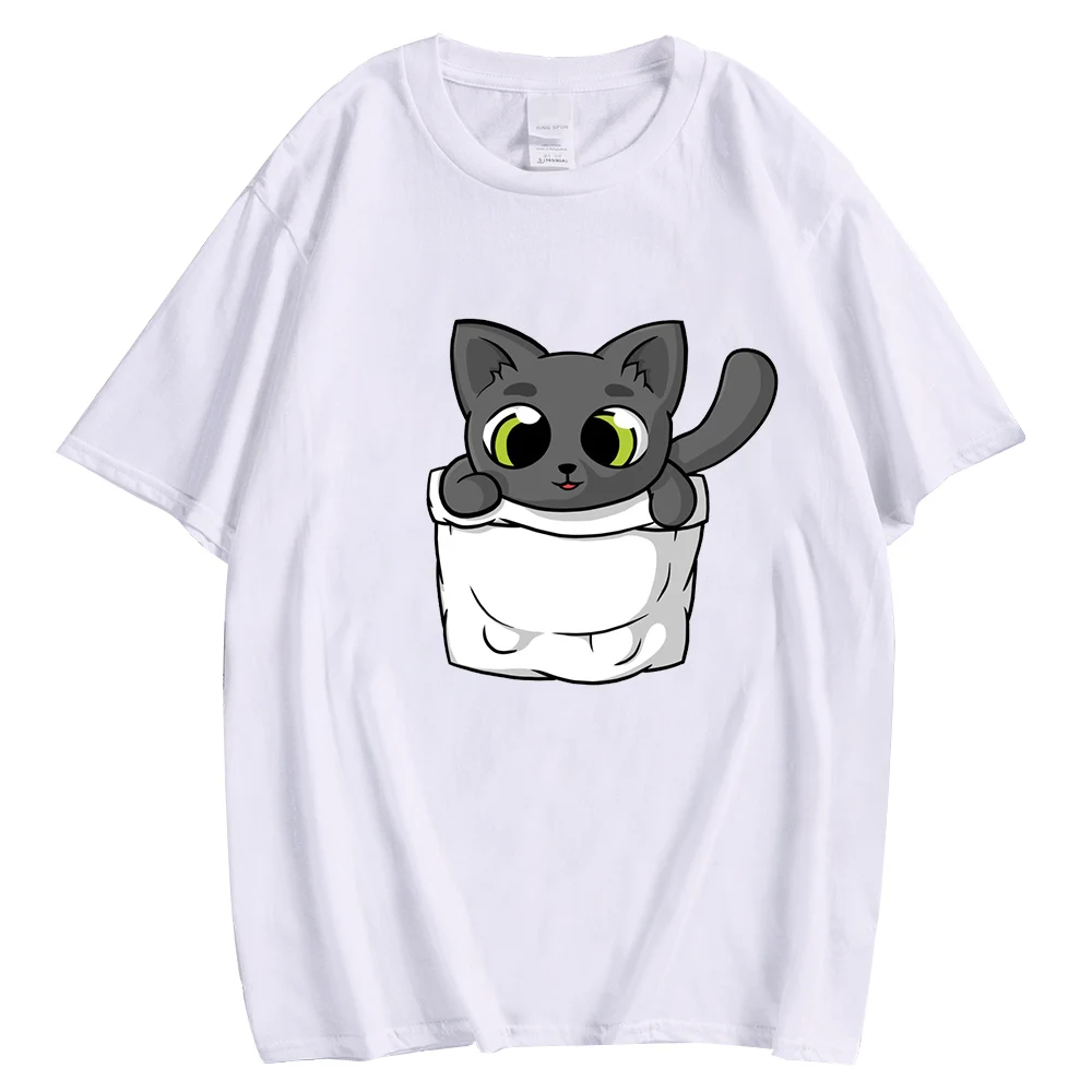 

CLOOCL 100% Cotton Tshirts Fashion Brand Cute Black Cat Pocket Chest Printed Graphic Tees Harajuku Woman Tshirts Dropshipping