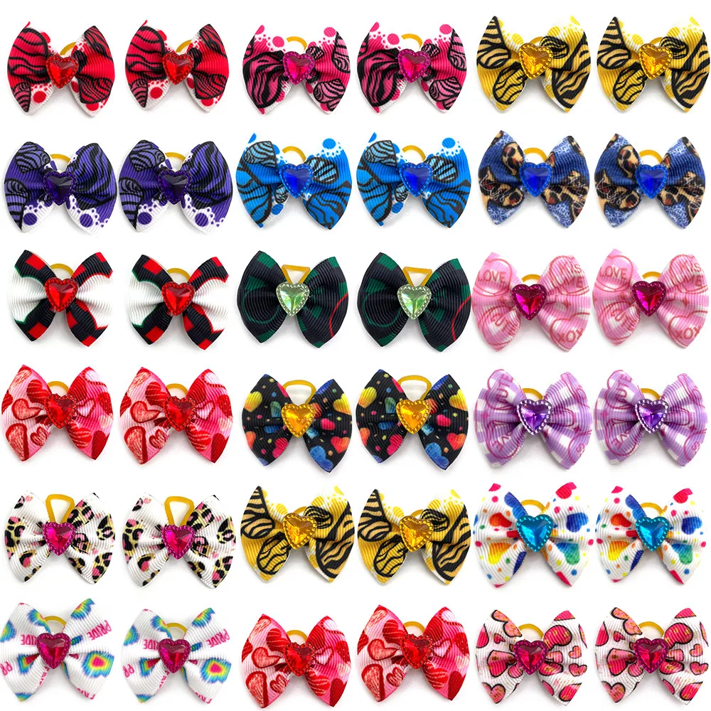 10/20/30pcs Valentine's Day Dog Grooming Bows Love Heart Accessories Pet Dog Hair Bows Rubber Bands Small Dog Yorkshire Hair Bow