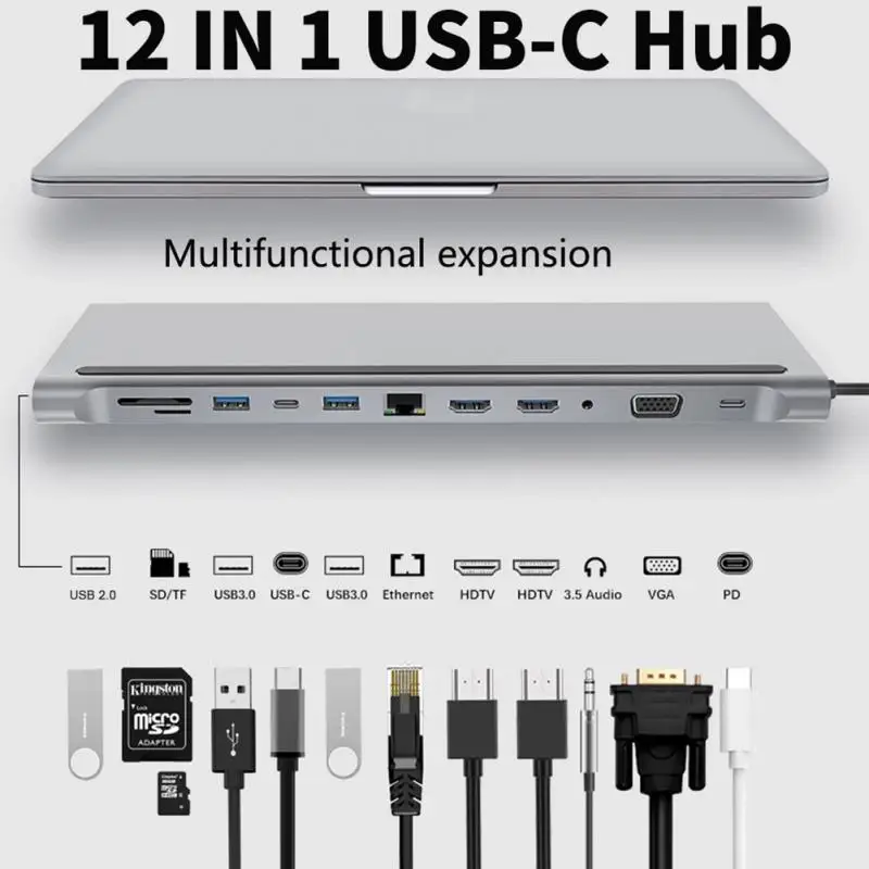 

USB Type C Hub Adapter Laptop Docking Station, MST Dual Monitor Dual HDMI VGA RJ45 SD TF For MacBook Dell XPS Hp Lenovo ThinkPad