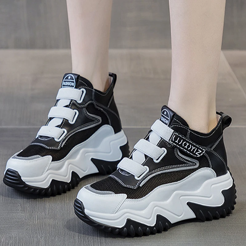 2023 Chunky Sneakers Fashion Genuine Leather Fur Women Vulcanize Mesh New Female Four Seasons Comfy Lace Up Fashion Ladies Shoes