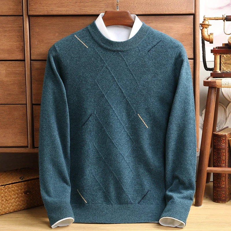 

Мужской удобный Толстый Пуловер со стразами, мужской шерстяной свитер высокой моды с воротником, теплый клетчатый свитер в Корейском стиле, зима 100%
