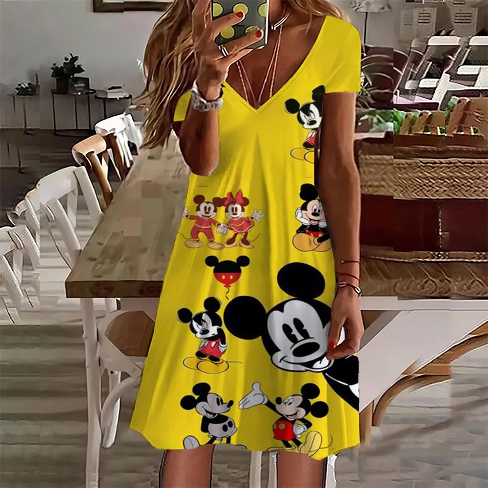 

Disney Mickey Mouse New Women's Summer Party Sexy Mini Dress Printed V Neck Dress XS-8XL Short Sleeve Women's Knee Length Dress