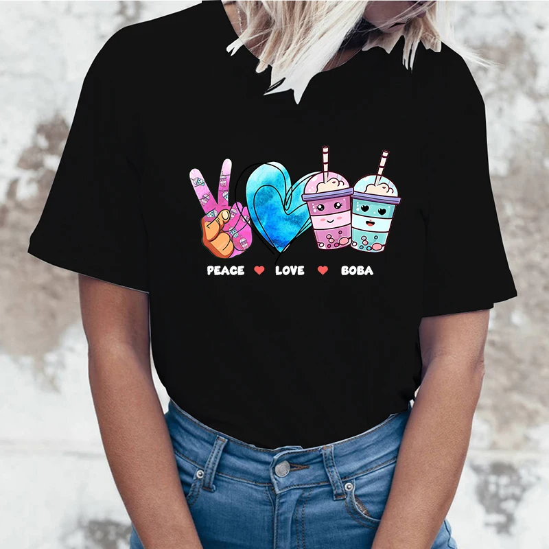 Новинка футболка с принтом Peace Love Boba женские топы коротким рукавом футболки