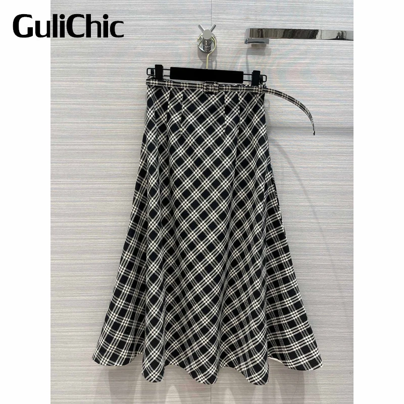 

9.29 GuliChic Women Elegant Fashion Plaid With Belt High Waist Flared Skirt