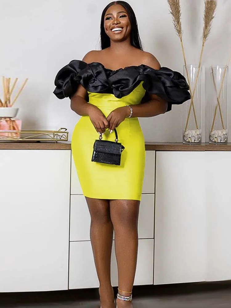 

Vintage Bodycon Mini Dress for Women Puff Off Shoulder Spring Party Evening Elegant Fashion Sexy Slim Pencil Dresses Gown 2022