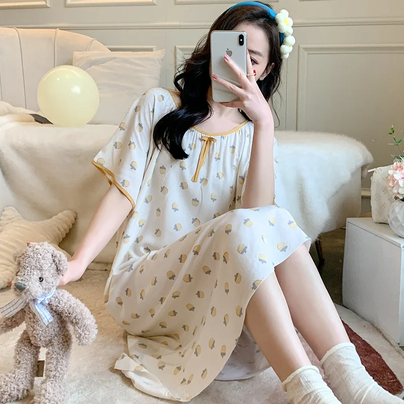 Short Sleeve Round-neck Nightgowns Casual Thin Loose Night Dress Attractive Women's Nightwear Big Size Clothing Homewear Print