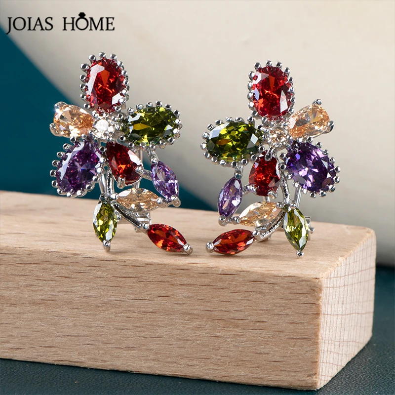 

JoiasHome Silver 925 Jewelry Mixed Color Zircon Earrings For Women Gemstones Ear Clip Flower Leaf Stud-earrings Wedding Party