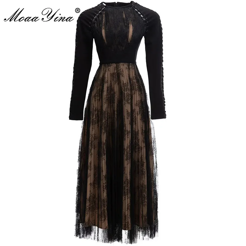 MoaaYina Fashion Runway dress Autumn Winter Women Dress Long sleeve Patchwork Black Mesh Lace Pleated Party Dresses