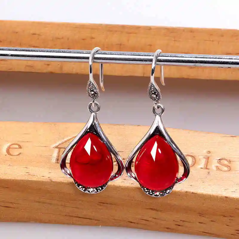 ZHJIASHUN Retro 100% 925 Sterling Silver Ruby Garnet Drop Earrings For Women Vintage Natural Gemstones Silver Jewelry Female