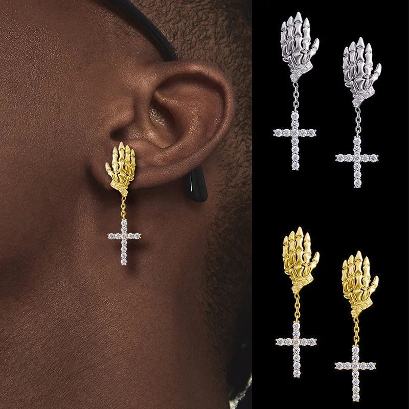 

Men Women Neo-Gothic Skull Hand Zircon Micro-Inlaid Cross Earlobe Dangle Earring Hip-Hop Party Jewelry Gift