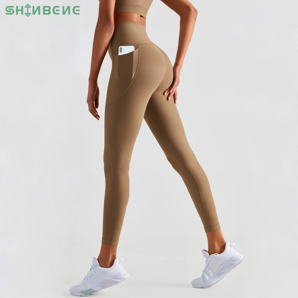 

SHINBENE 25" Ribbed No Camel Toe Yoga Pants Pocket Sport Leggings Women High Waist 4 Way Stretch Workout Gym Tights with Pocket