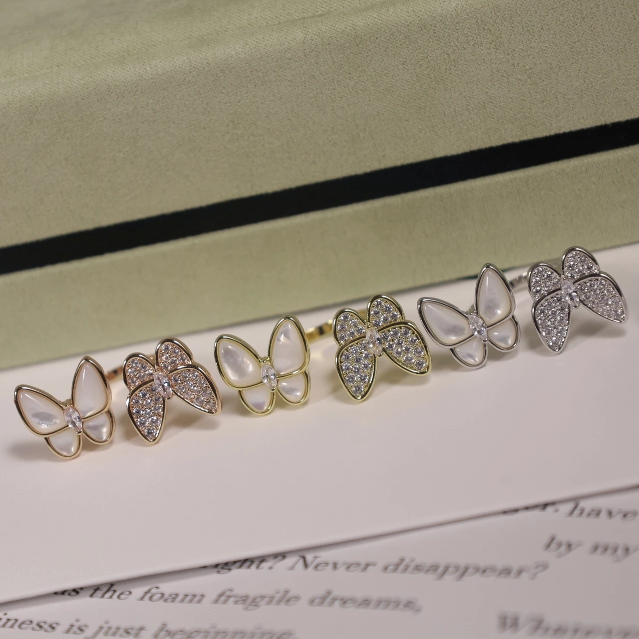 

New 925 sterling silver full diamond white mother-of-pearl opening butterfly ring luxury fashion brand banquet exquisite jewelry