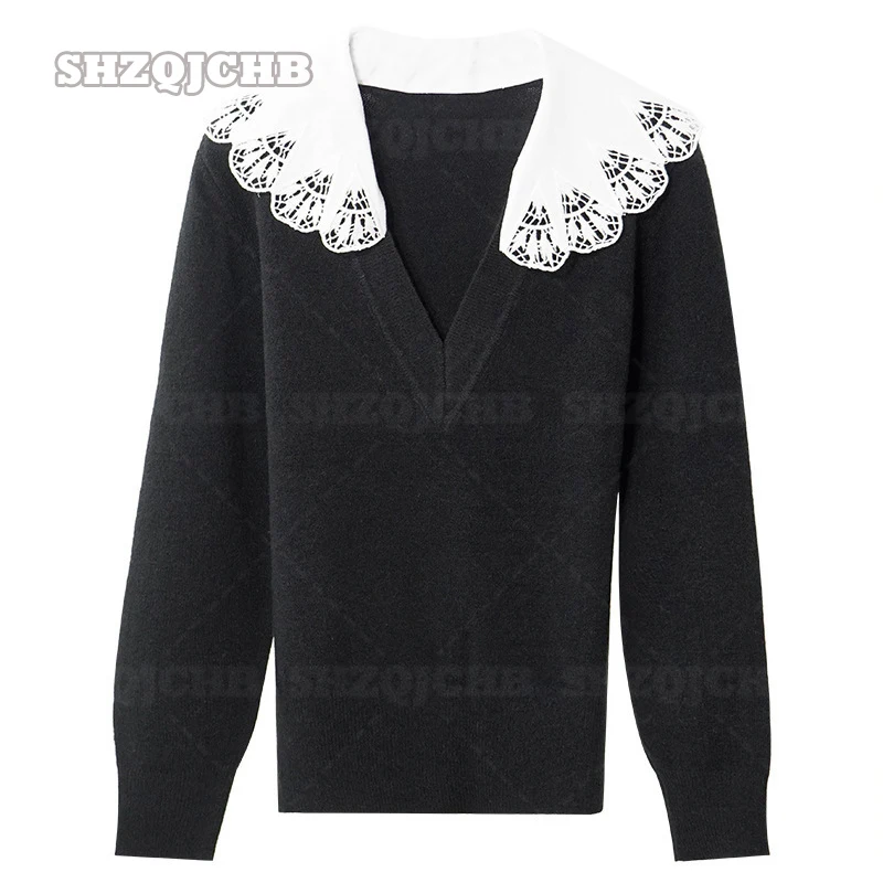 

2022 Spring And Autumn V-neck Solid Color Long Sleeved Sweater New Lace Hollow Doll Neck Loose Casual Knit Top