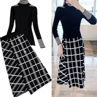 2 piece women pullover sweater matching set 2022 new autun winter fashion runway blue plaid knitted mid skirt outfits knitwear