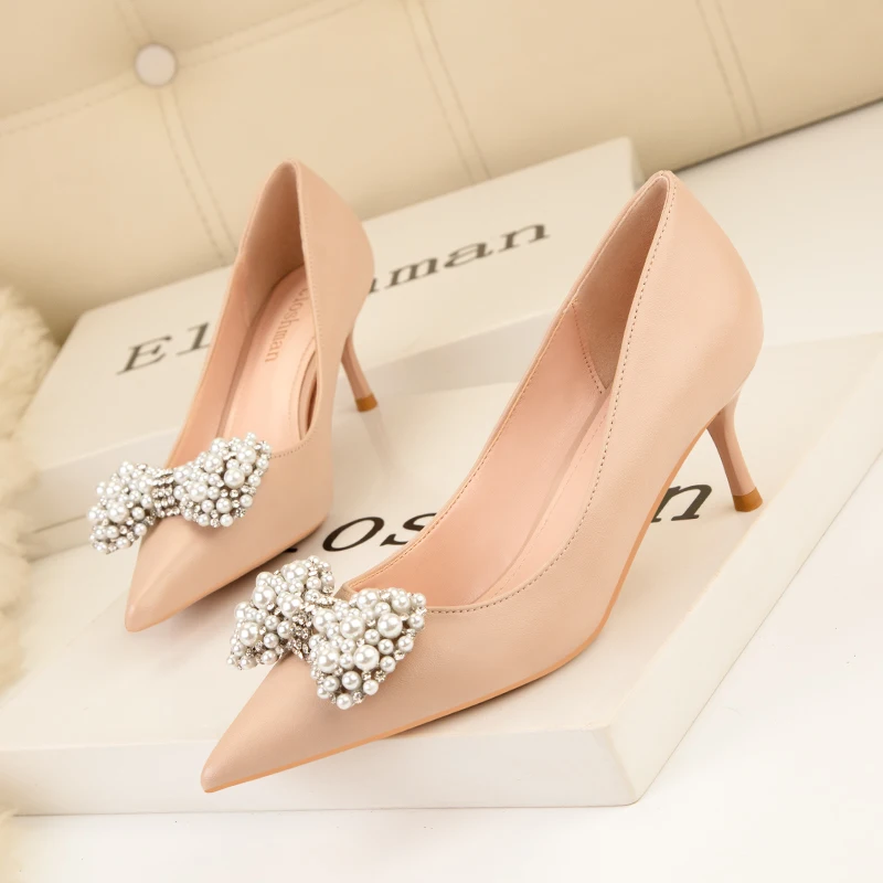 

Women Pumps Nude String Bead Decoration Pointed Toe Stiletto High Heels Party Office Lady Shoes size 34-41