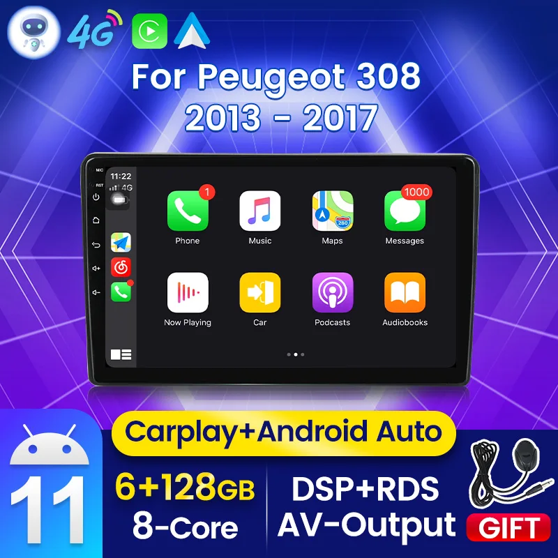 Автомобильный радиоприемник DSP Android 11 для Peugeot 308 T9 308S 2013 - 2017 мультимедийный 2din 2 din