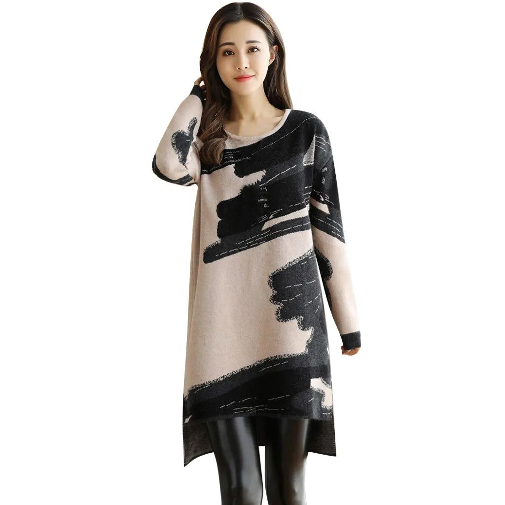 Sleeve O-Neck Autumn Winter Printed Loose Women Dress Mini Straight Long Fashion Women's Dress Women 2021 Fashion Dress