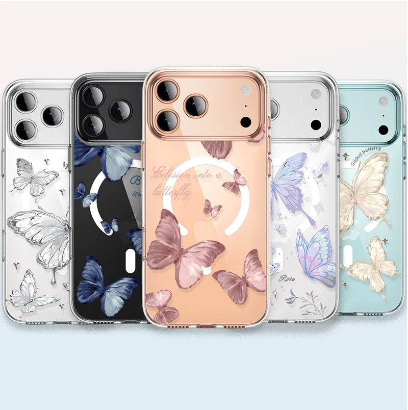 Фото Чехол для iPhone 17, Air 16E 16, 15, 14, 13 Pro Max Plus, мини-чехол с магнитной беспроводной зарядкой Magsafe Butterfly Y2K №1