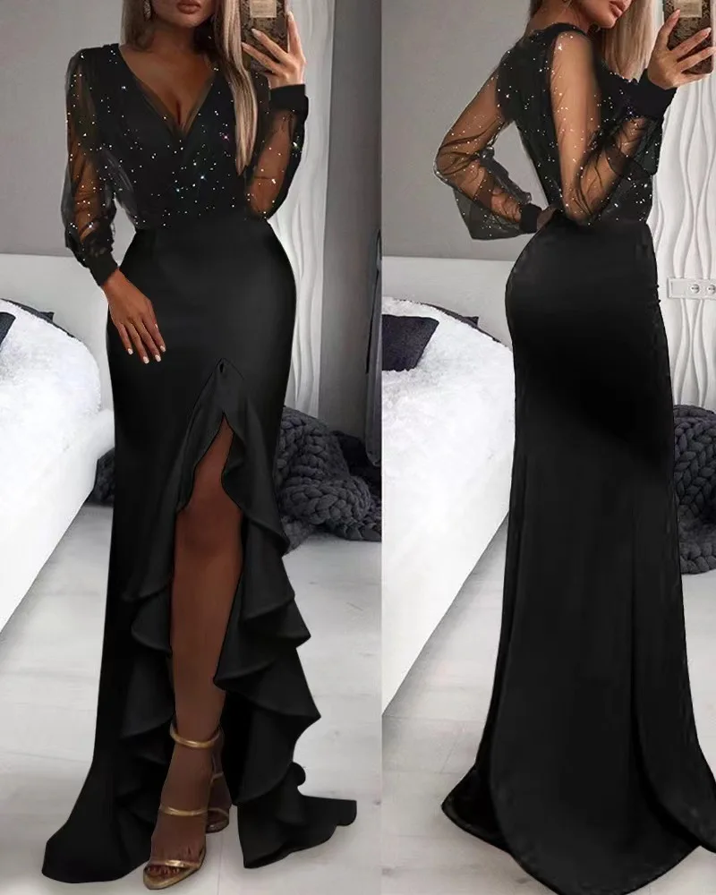 2023 Women Fashion Mermaid Prom Dress Sexy Hollow High Split Deep V-neck Long Sleeves Female Elegant Birthday Dress