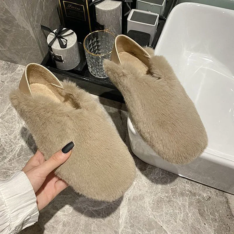 

Winter Luxury Moccasins Women Shoes Warm Plush Cotton Shoes Female Loafers Comfy Soft Bottom Fluffy Flats Woman Flat Lazy Shoes