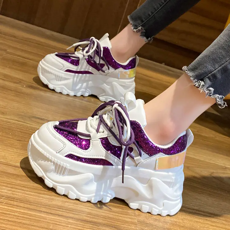 

Кроссовки женские на платформе, дышащие, с блестками, массивные, модная обувь для тенниса