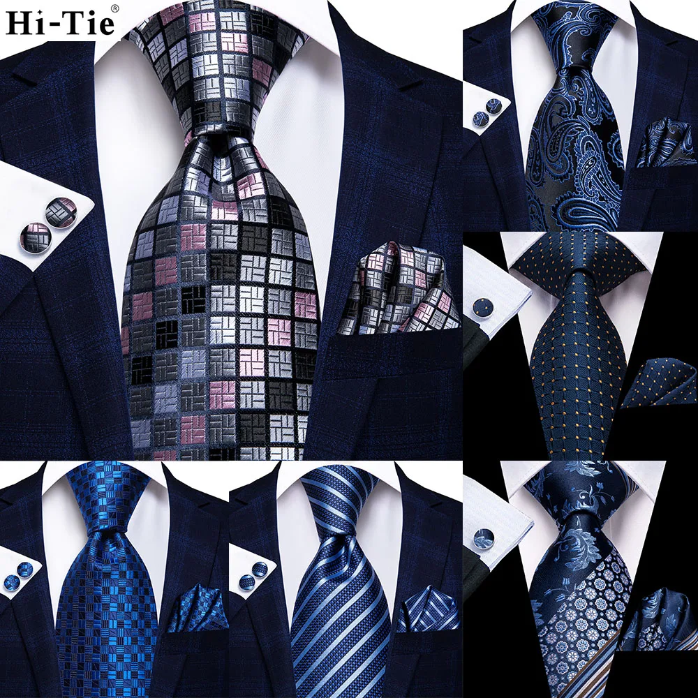 

Grey Pink Plaid 63inch Silk Men Extra Long Ties for Men Woven Classic 160cm Mens Necktie Pocket Square Set Cufflinks Hi-Tie