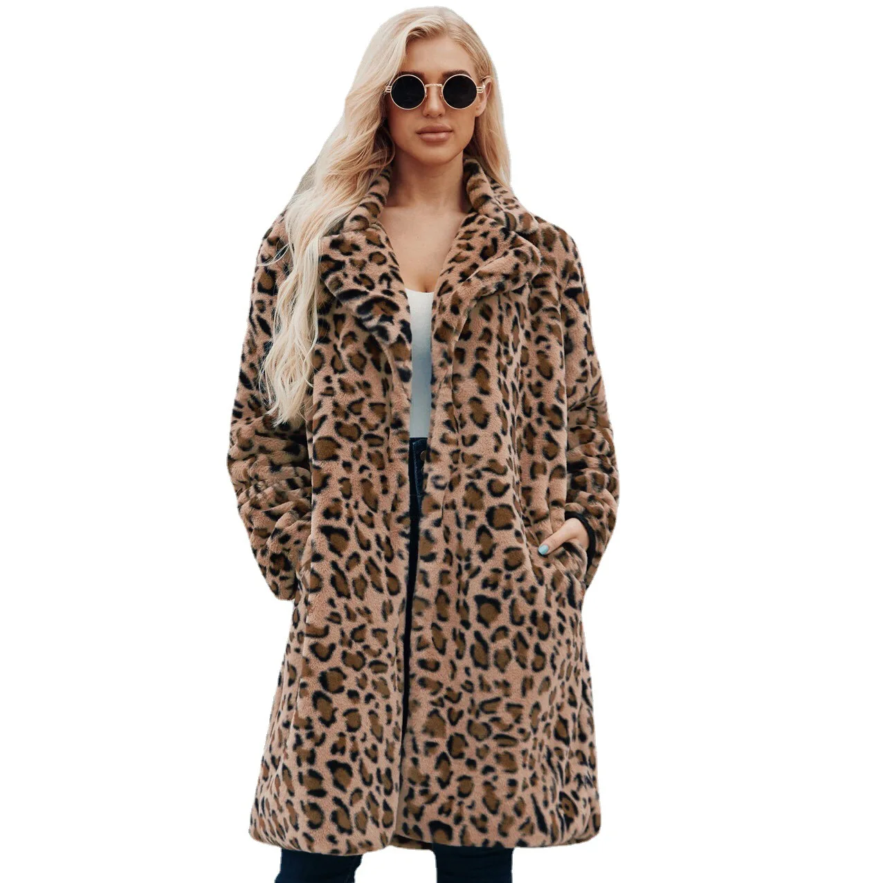 Long Leopard-print Suit Collar Faux Fur Coat Women's Casual Coat Autumn  Winter Fashion  Winter Jacket Women  Coats for Lady