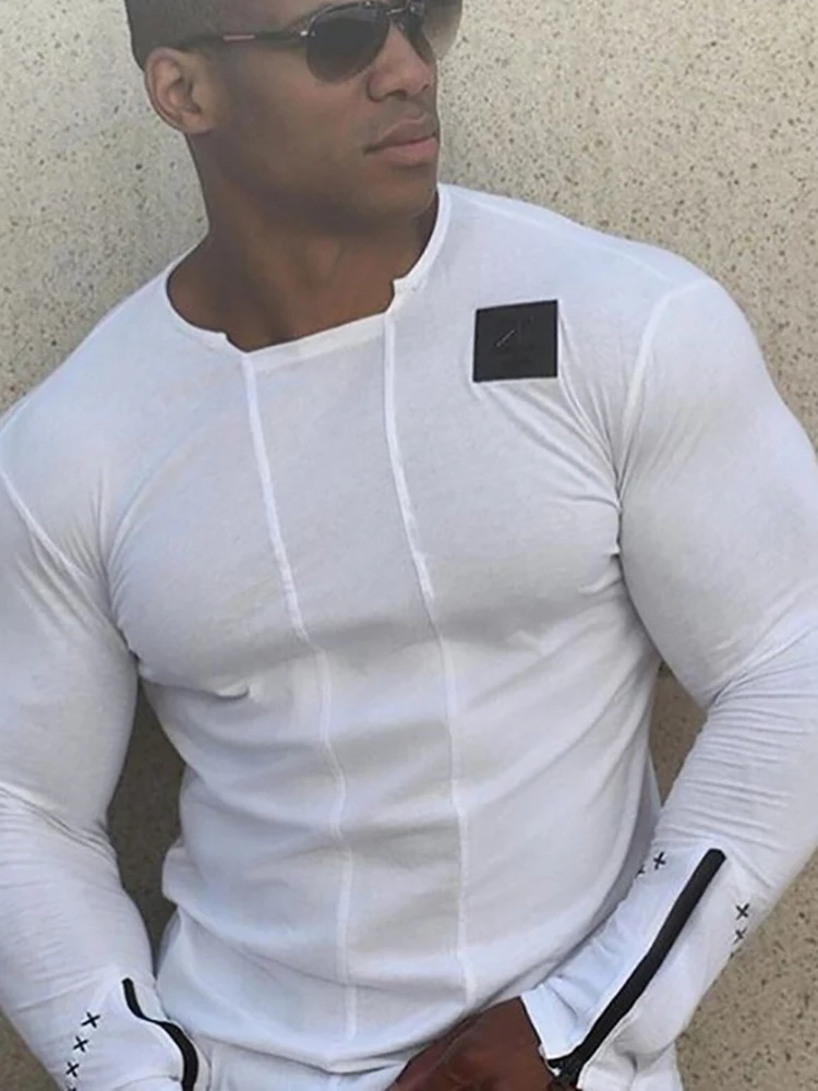 

New Fashion Long Sleeve Patch Zipper Slim T-shirts Men 2022 Spring Casual Solid O-Neck Tee Shirt Harajuku Pullover Tops For Mens