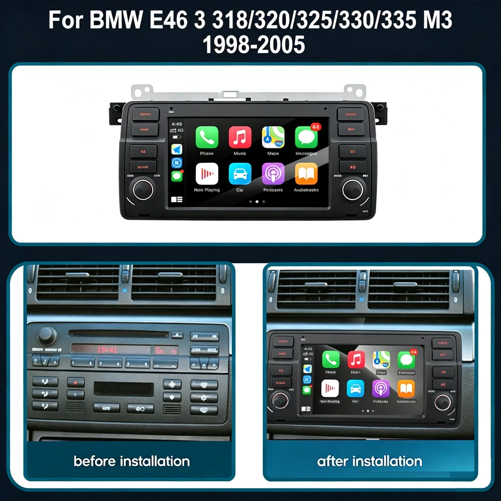 Фото Для BMW E46 3 318/320/325/330/335 M3 1998-2005 GPS-навигация, беспроводной Carplay, автомобильное радио, мультимедийный видеоплеер, WIFI №2