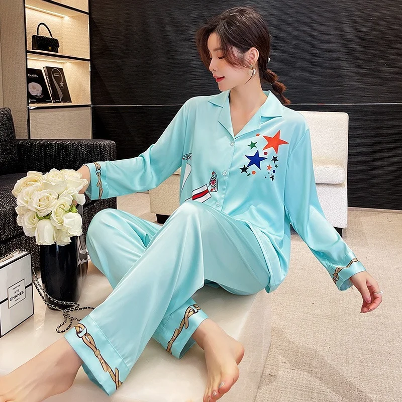 

2022 Summer Elegant Pajamas for Women Silk Pajamas Lapel Long Cartoon Pyjamas Sexy Pjs Set Woman 2 Pieces Sleepwear Loungewear