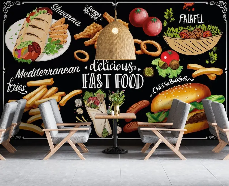 

Mediterranean Flavors Fast Food Restaurant Wallpaper, Customizable Wall Decor, Culinary Wall Mural Poster, Burger, Falafel, Shwa