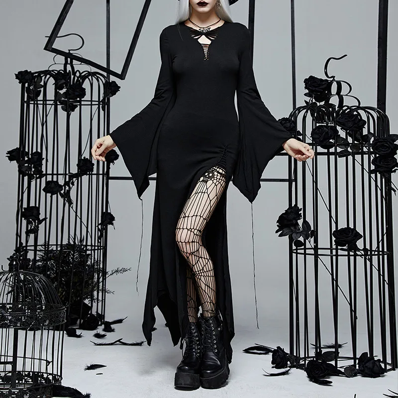 

Elegant Mall Gothic Party Long Dresses Female Grunge Aesthetic Emo High Split Dress Punk Hollow Out Sexy Alt Clothing