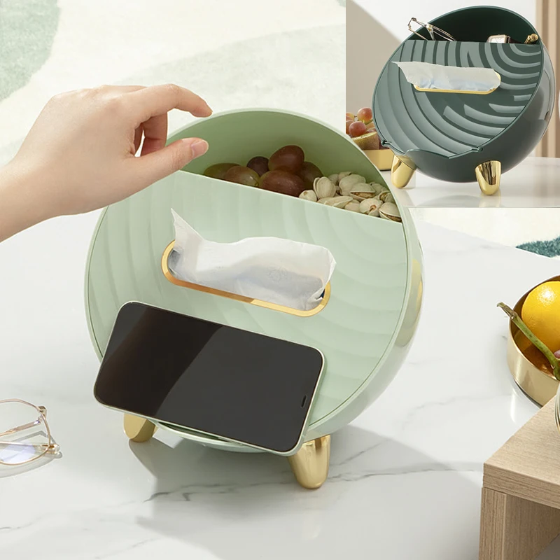 

Tissue Box Cover Napkin Holder Home Office Remote Control Wipes Sundries Case with Phone Holder Desktop Organizer