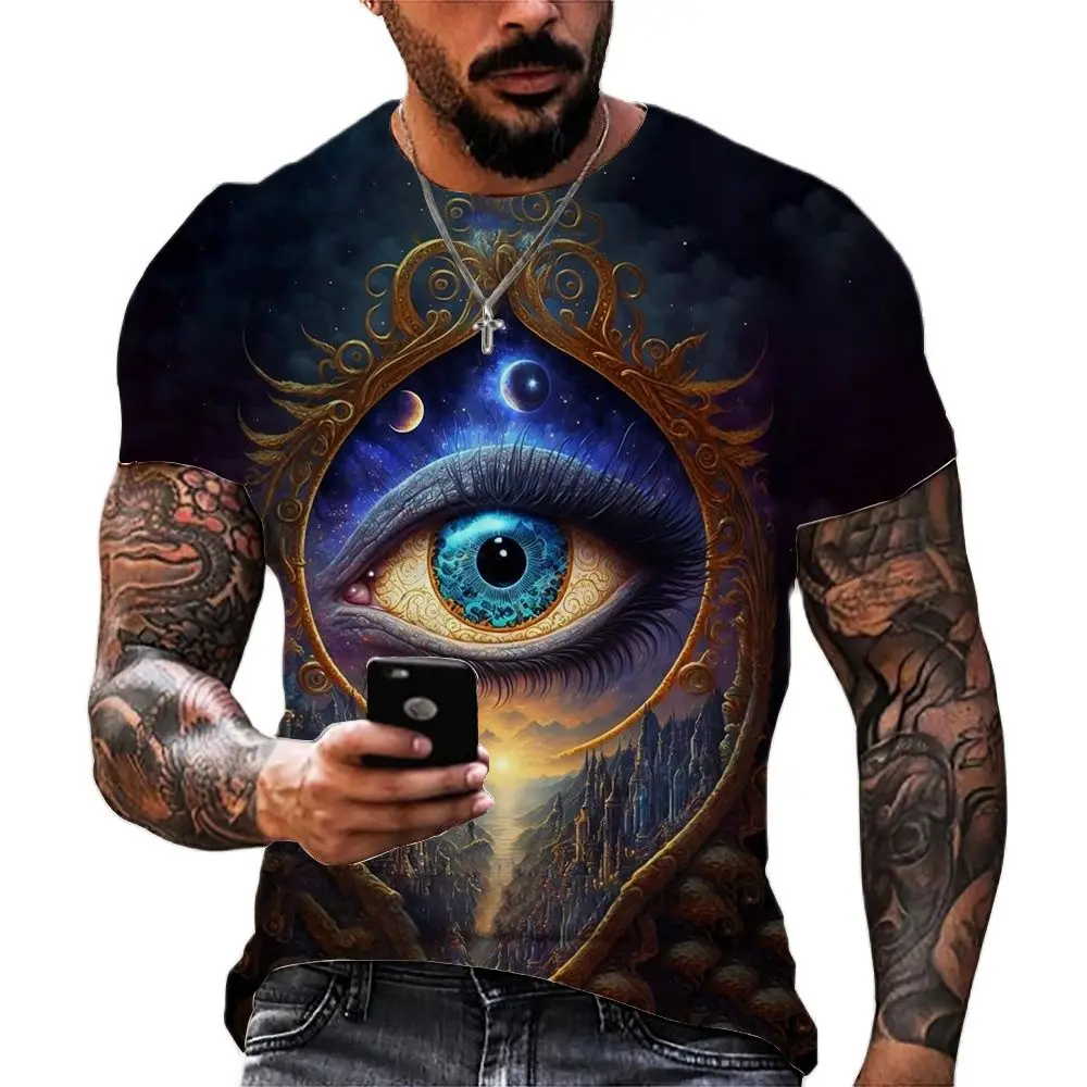 

2023New Funny 3D Eyes Print T Shirt For Men Summer Street Trend Oversized Sleeve Tops Outdoor Sports Clothing Casual O-neck Tee