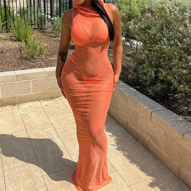

Women Summer Clothing 2023 Beach Suit Swimsuit Cover Up For The New Couture Hooded Sexy Female Slim One Dress Solid Polyester