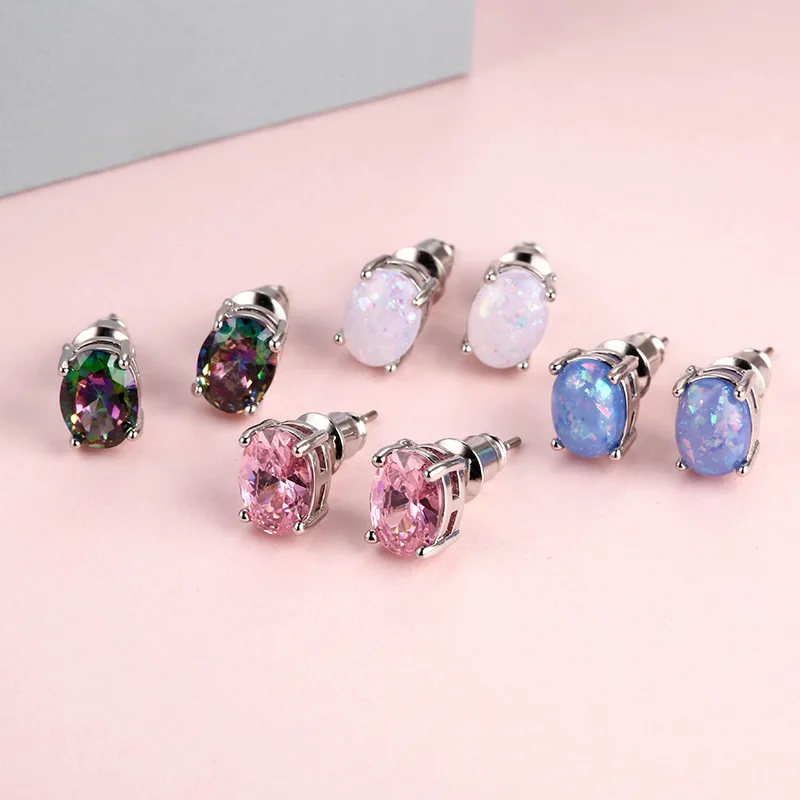 

European and American Style New Opal Women's Earrings Oval Opal Opal Diamond Earrings Korean Jewelry High-end Simple Earrings