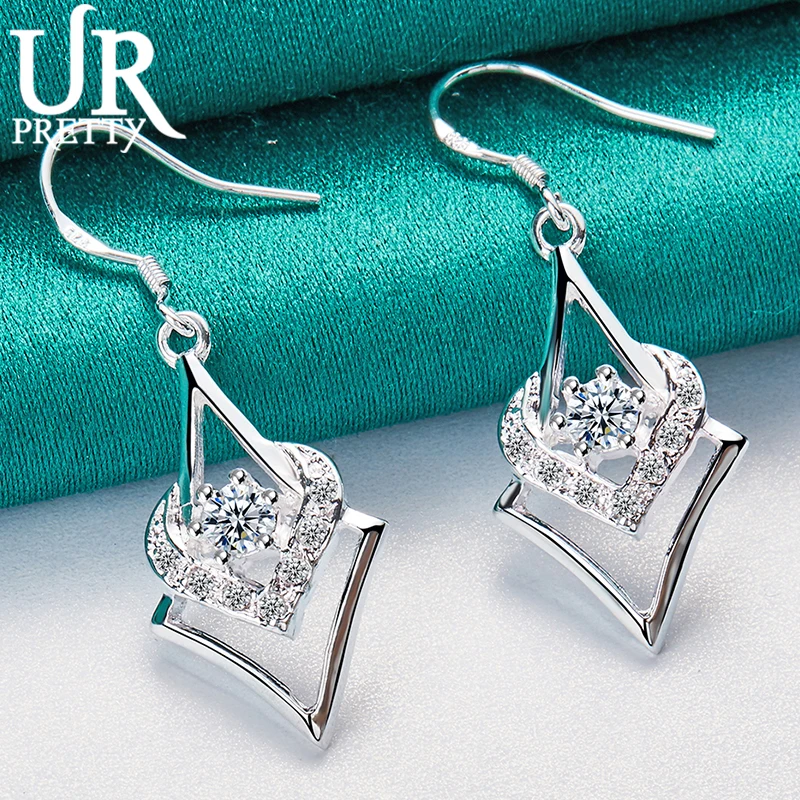 

URPRETTY 925 Sterling Silver Rhombus Heart Zircon Drop Earring For Women Fashion Wedding Engagement Party Charm Jewelry Gift