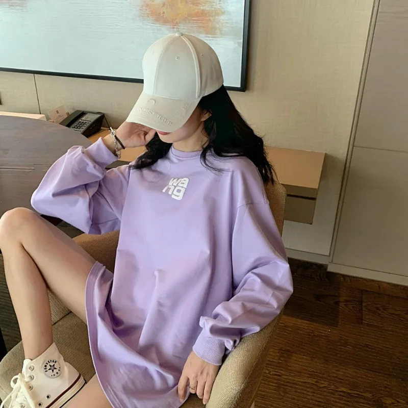 

Autumn And Winter Loose Three-dimensional Letter Printing Purple Sweater Women's Long Sleeved T-shirt Top