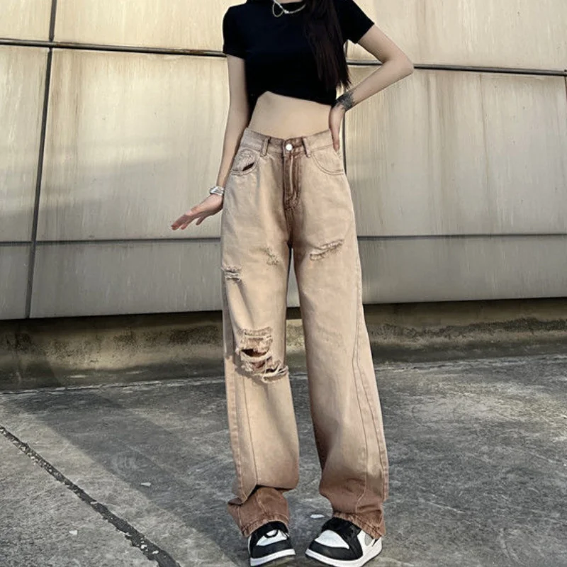 

New Khaki Ripped Jeans For Women's Street Trend Loose Straight Pants 90s Harajuku Style High Waist Women's Pants