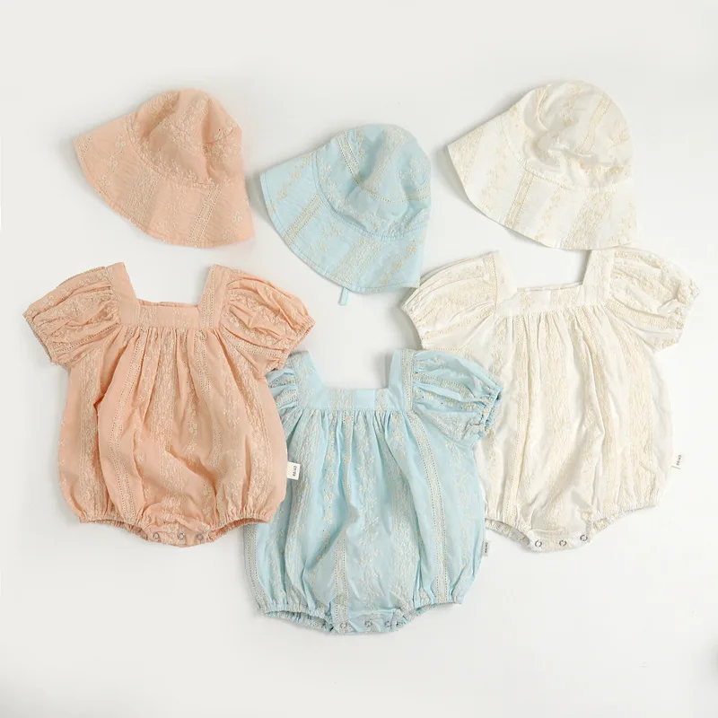 

MILANCEL 2022 Summer Baby Bodysuits Enbroidery Baby Girls One Piece with Hat Shirt Sleeve Baby Suit